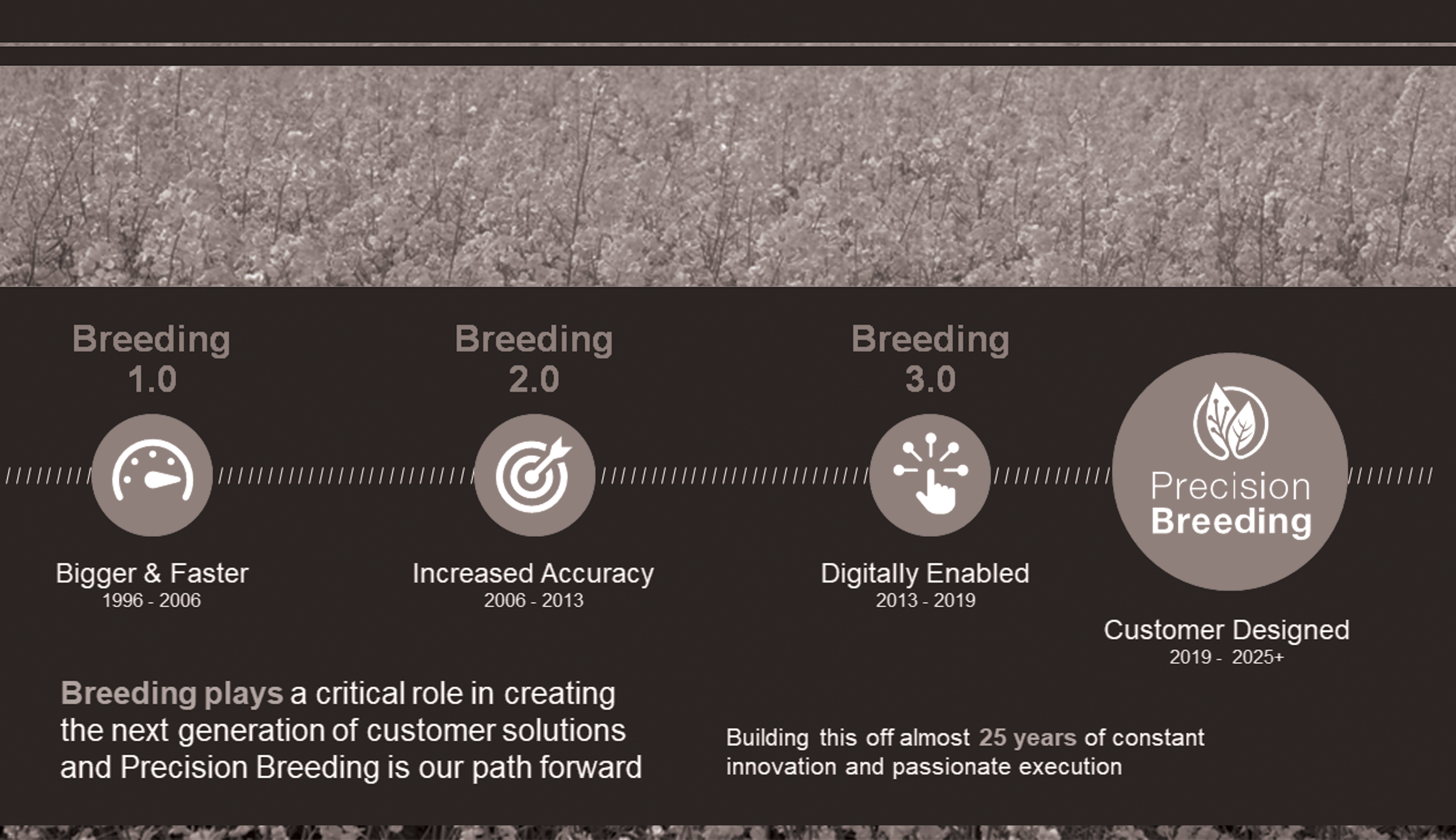 This image is showing how the process of plant breeding has evolved.  Precision plant breeding is built of basic plant breeding principles while integrating digital tools
