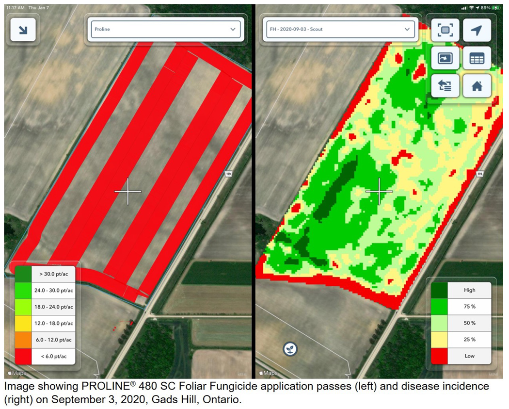 Figure 15 is a Climate FieldView™ Platform image of PROLINE® 480 SC Foliar Fungicide application passes and disease incidence on September 3, 2020 at Gads Hill, Ontario.
