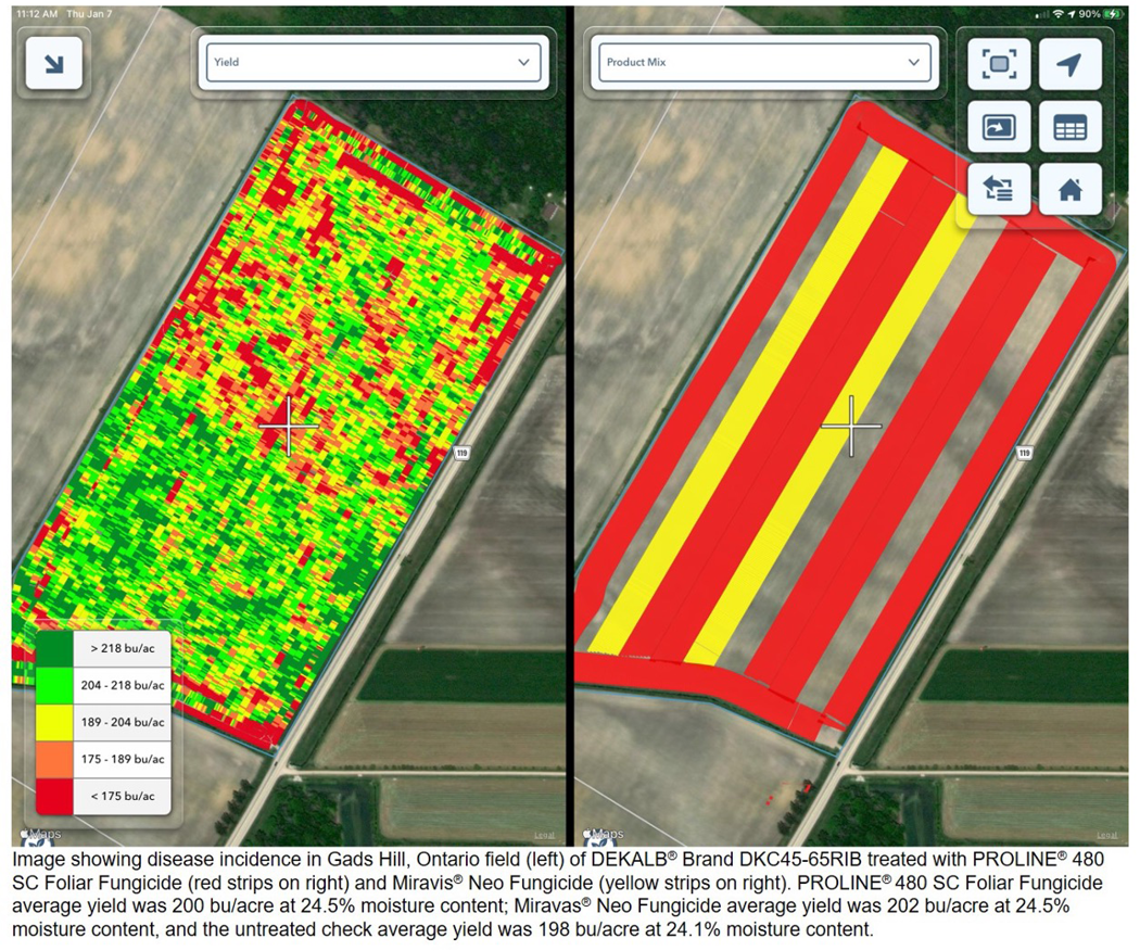 Figure 18 is a Climate FieldView™ Platform image comparison of disease incidence in field treated with PROLINE® 480 SC Foliar Fungicide and Miravis® Neo Fungicide. Average yield and moisture content for the two treatments was similar.
