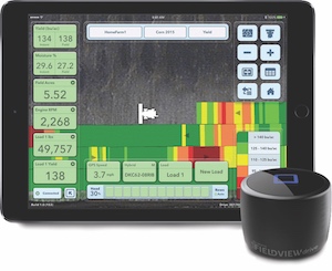 A small tables showcasing the FieldView software, which displays a field overview with many buttons and graphs.