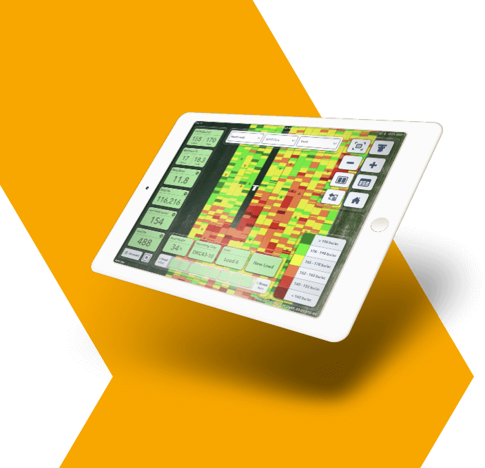 Climate FieldView app on a tablet PC screen over an arrow