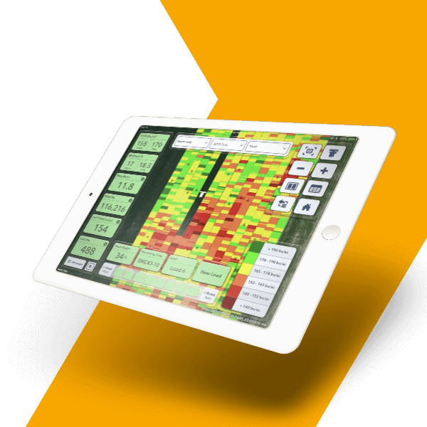 Climate FieldView app on a tablet PC screen over an arrow