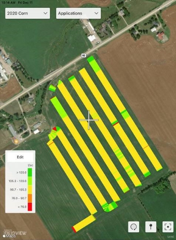 Photo tirée de la plateforme FieldView montrant une application de Delaro Complete dans un champ de maïs