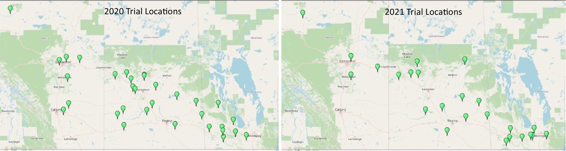 Map images showing trial locations from 2020 and 2021.  These trials would have been sprayed with Prosaro Pro, competitor products, and had an untreated check.