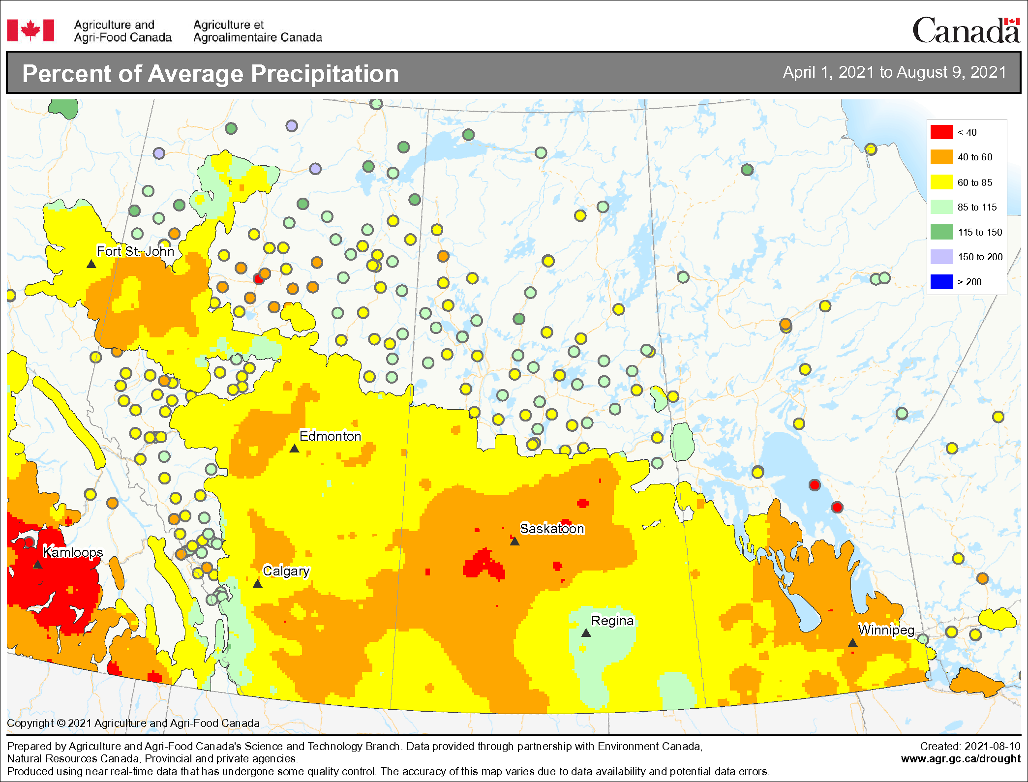 Precipitation map images of western Canada. This is showing average annual rainfall from April 1st to August 8, 2021.  Comparing the two images, we can see that it was significantly drier in 2021 over 2020. 