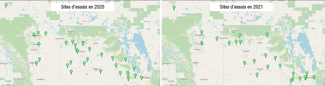 Images de cartes montrant les emplacements des essais de 2020 et 2021.  Ces essais comportaient des parcelles traitées avec Prosaro Pro, des parcelles traitées avec des produits concurrents et des parcelles témoins non traitées.