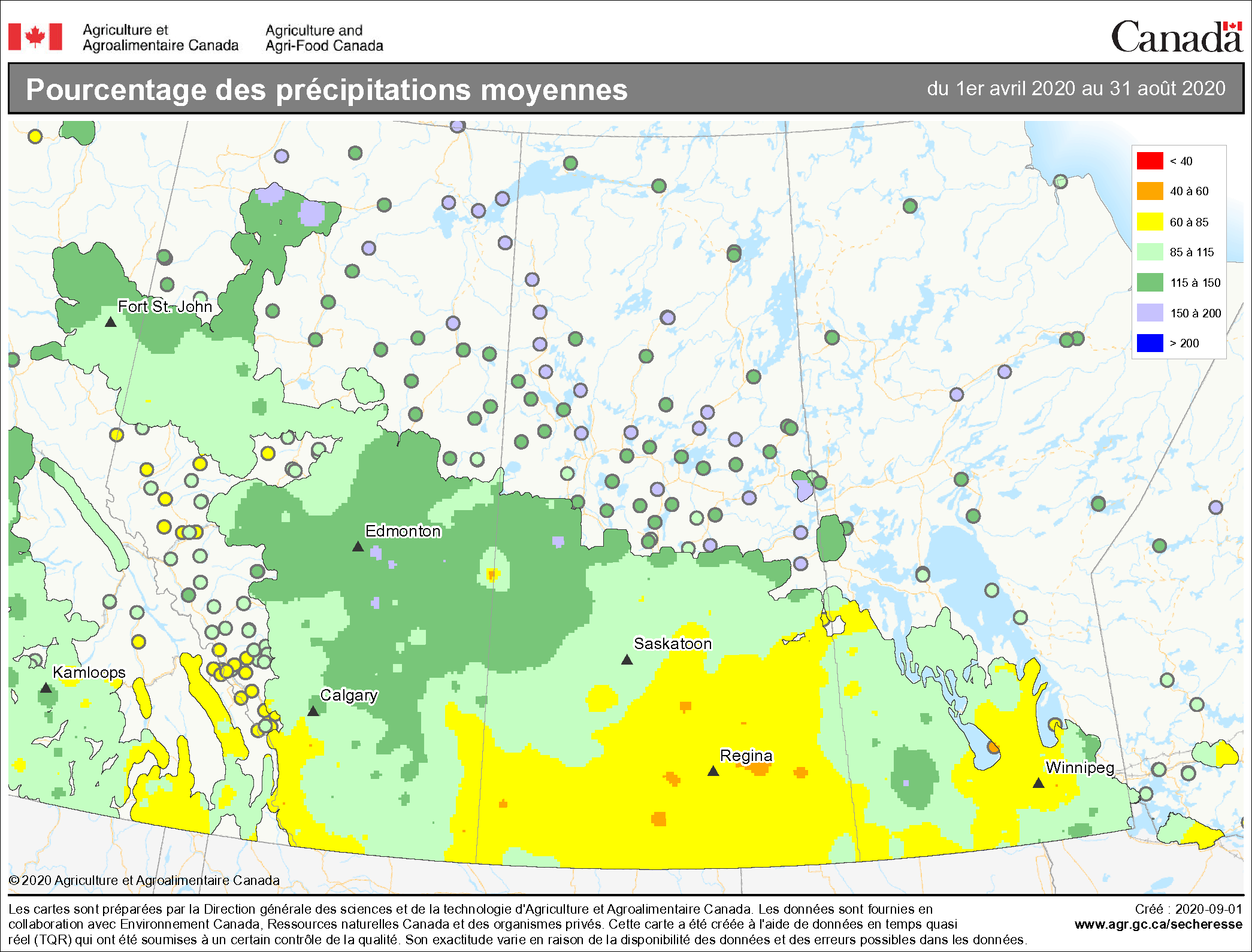 Voici deux images de la carte des précipitations de l'Ouest du Canada. La première image présente les précipitations annuelles moyennes du 1er avril au 31 août 2020 et la seconde montre les précipitations annuelles moyennes du 1er avril au 8 août 2021.  En comparant les deux images, on peut constater que les conditions ont été nettement plus sèches en 2021 qu'en 2020.