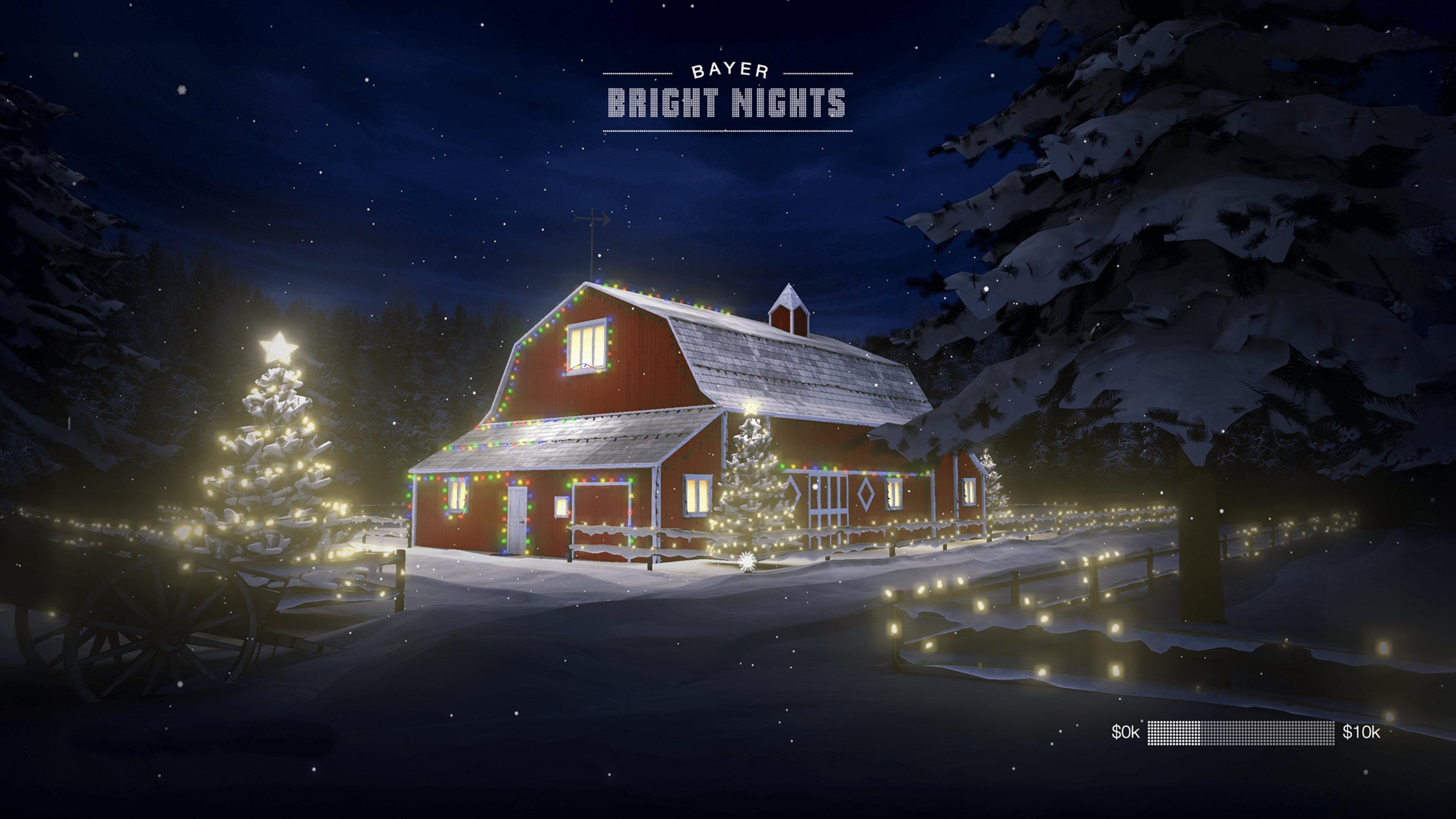 A lifelike virtual farm scene at night. The sky is dark blue with hints of clouds and a red barn is half lit up with multicoloured Christmas lights in the middle of the scene. Surrounding the barn is pine trees with strings of multicoloured lights and bright yellow stars on top. A wooden fence with string lights surrounds the barn, and white fluffy snow is on the ground, trees, fence and barn. White snowflakes are falling from the sky.